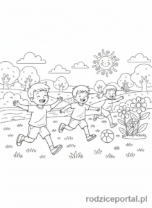 Kolorowanka Zdrowie - Dzieci bawiące się na świeżym powietrzu