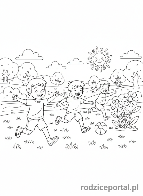 Kolorowanka Zdrowie - Dzieci bawiące się na świeżym powietrzu