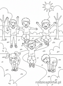 Kolorowanka Zdrowie - Dzieci ćwiczące w parku