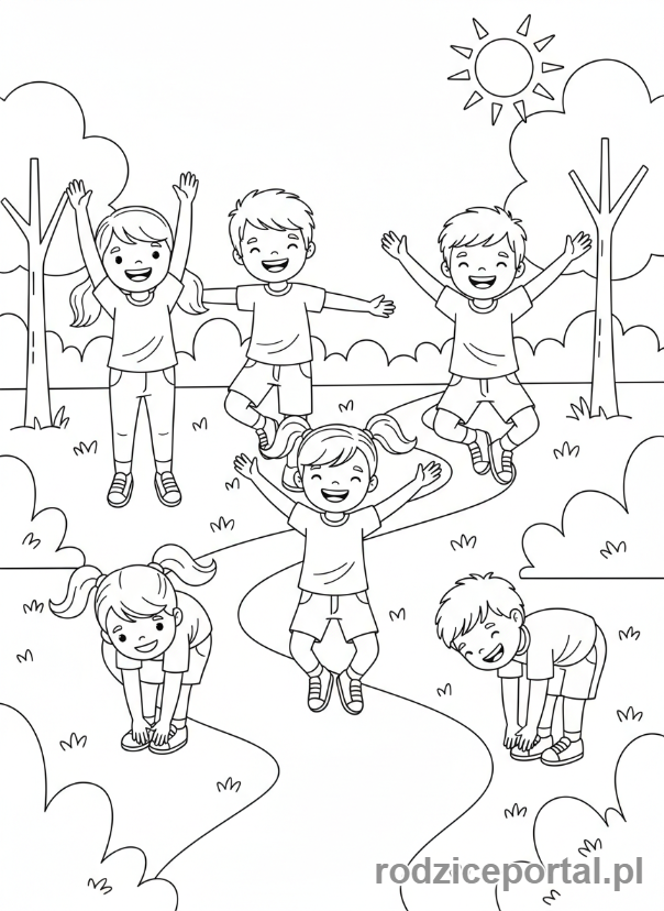 Kolorowanka Zdrowie - Dzieci ćwiczące w parku