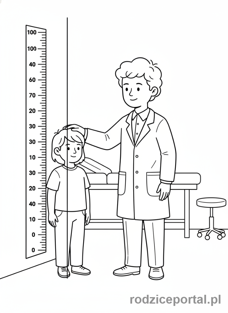 Kolorowanka Zdrowie - Dziecko u lekarza mierzy wzrost