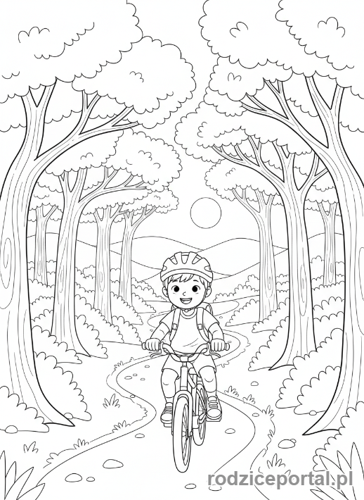 Kolorowanka Zdrowy Styl Życia - Chłopiec jeździ na rowerze w lesie.