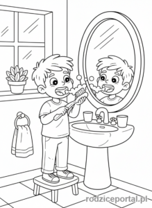 Kolorowanka Zdrowy Styl Życia - Chłopiec myje zęby, łazienka.
