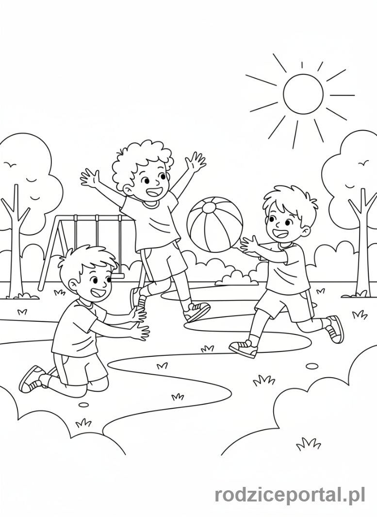 Kolorowanka Zdrowy Styl Życia - Dzieci grają w piłkę na świeżym powietrzu.