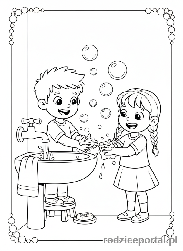 Kolorowanka Zdrowy Styl Życia - Dzieci myją ręce mydłem.