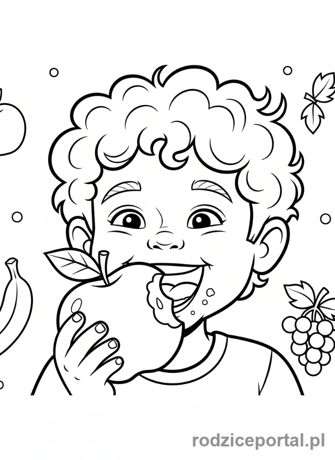 Kolorowanka Zdrowy Styl Życia - Dziecko je jabłko, zbliżenie.