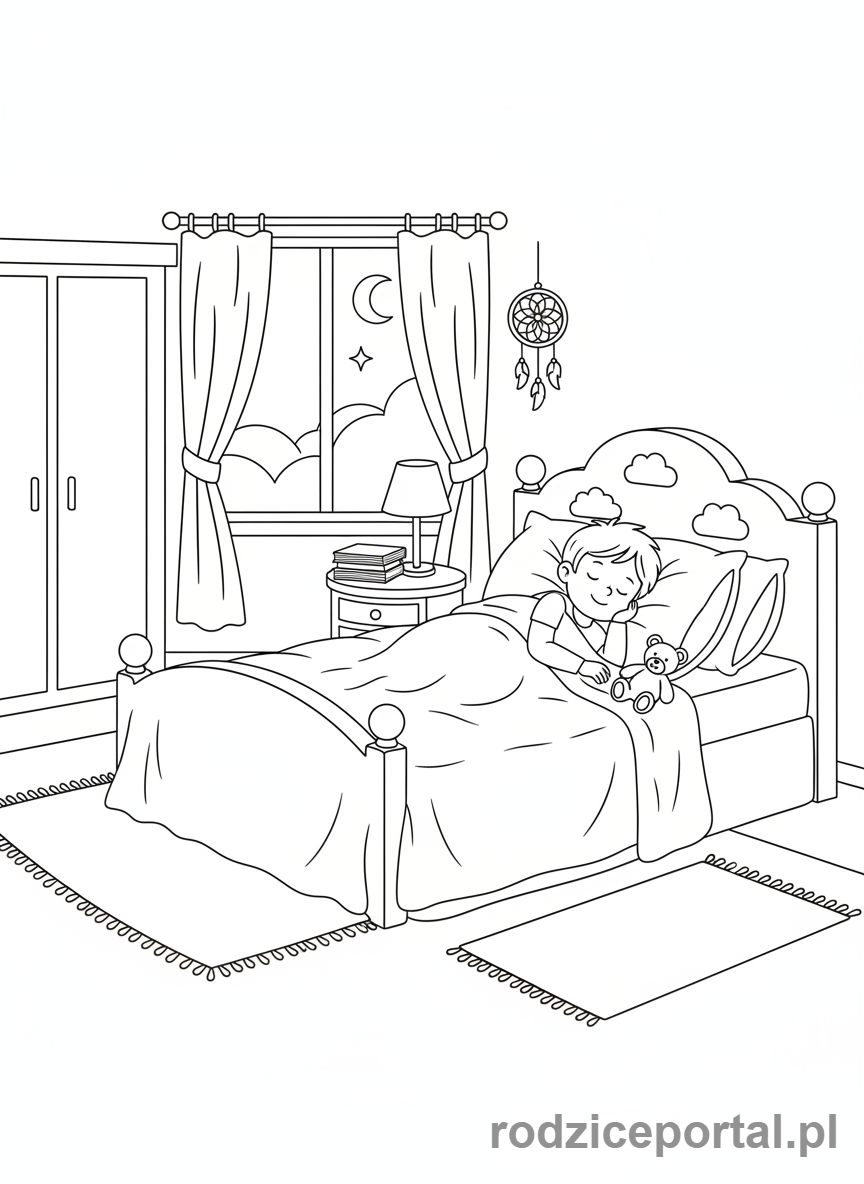 Kolorowanka Zdrowy Styl Życia - Dziecko śpi spokojnie w łóżku.