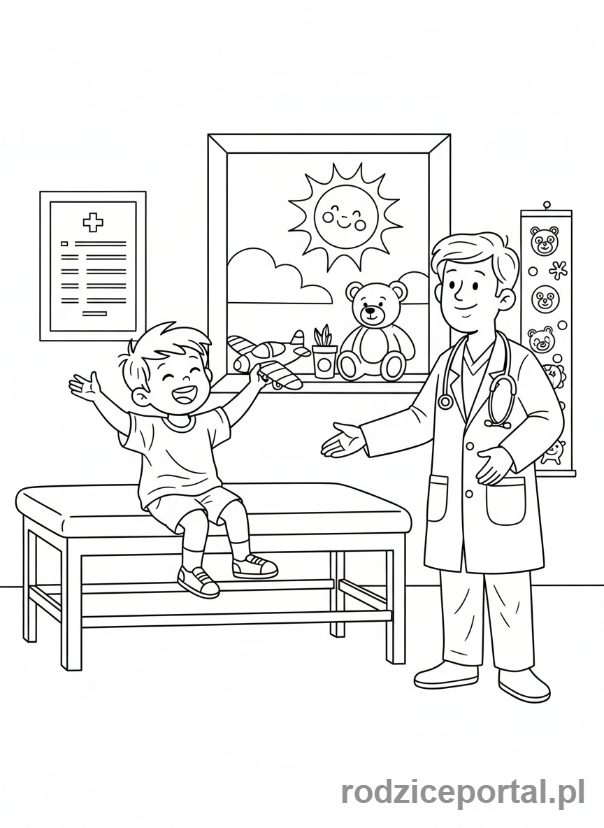 Kolorowanka Zdrowy Styl Życia - Dziecko u lekarza na kontroli, uśmiechnięte.