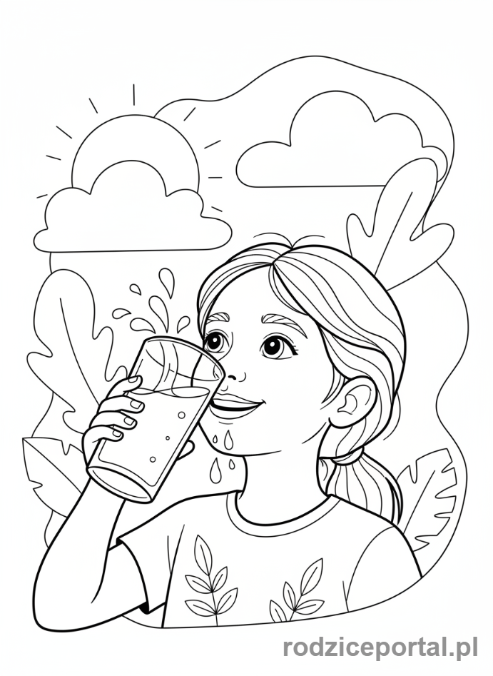 Kolorowanka Zdrowy Styl Życia - Dziewczynka pije wodę ze szklanki.