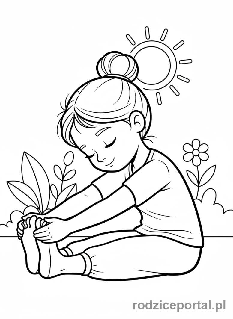 Kolorowanka Zdrowy Styl Życia - Dziewczynka rozciąga się, joga dla dzieci.