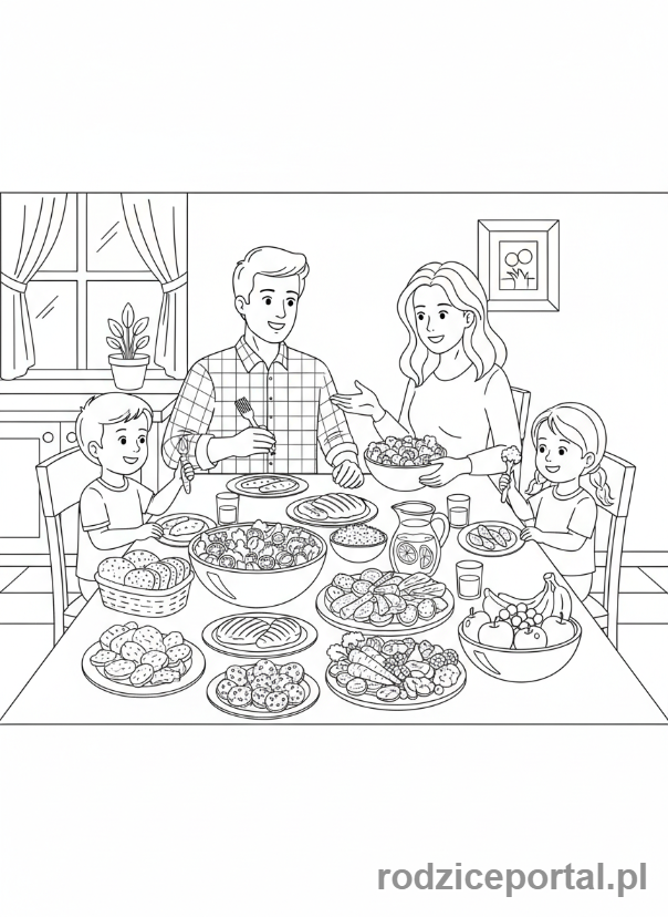 Kolorowanka Zdrowy Styl Życia - Rodzina je zdrowy obiad przy stole.