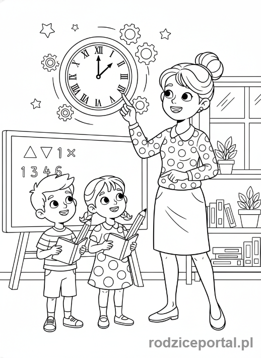 Kolorowanka Zegar Ćwiczenia - Nauczycielka z zegarem