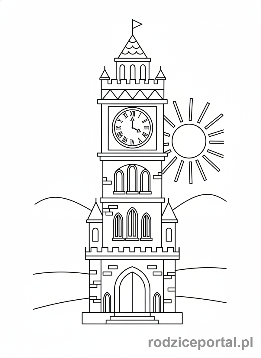 Kolorowanka Zegar Ćwiczenia - Wysoka wieża zegarowa