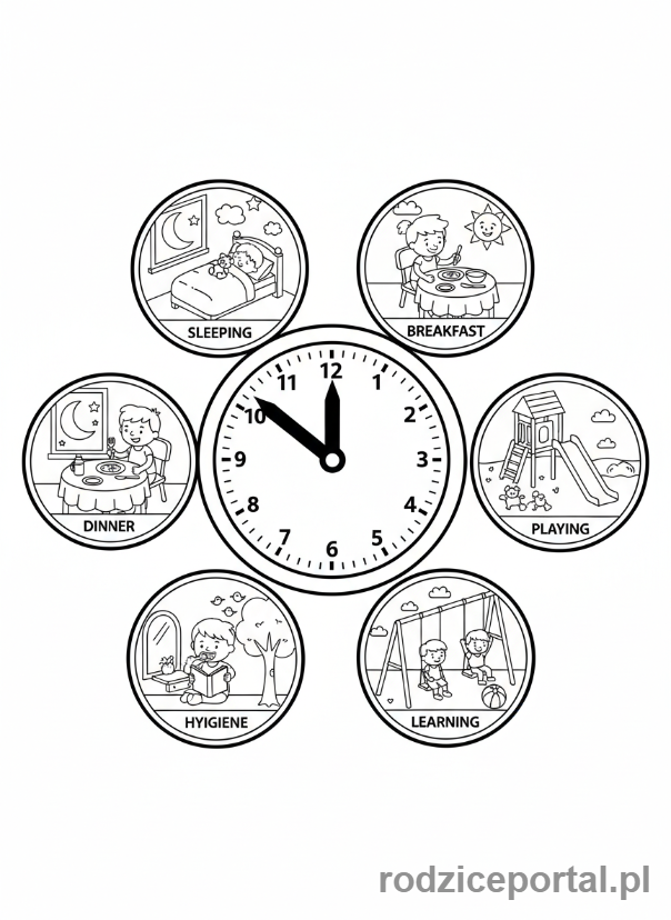 Kolorowanka Zegar Ćwiczenia - Zegar i codzienne czynności