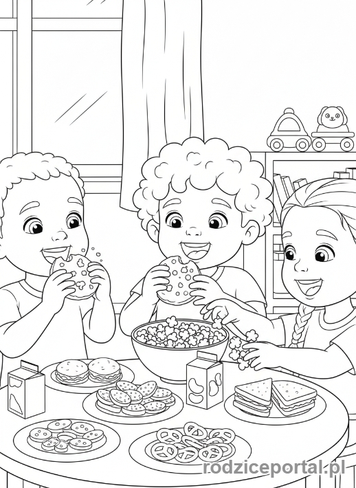 Kolorowanka Zerówka - Dzieci jedzące podwieczorek