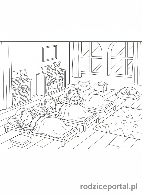Kolorowanka Zerówka - Dzieci śpiące w leżakach