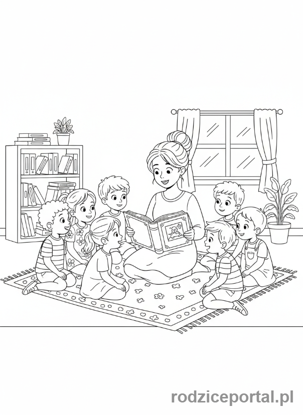 Kolorowanka Zerówka - Nauczycielka czytająca dzieciom