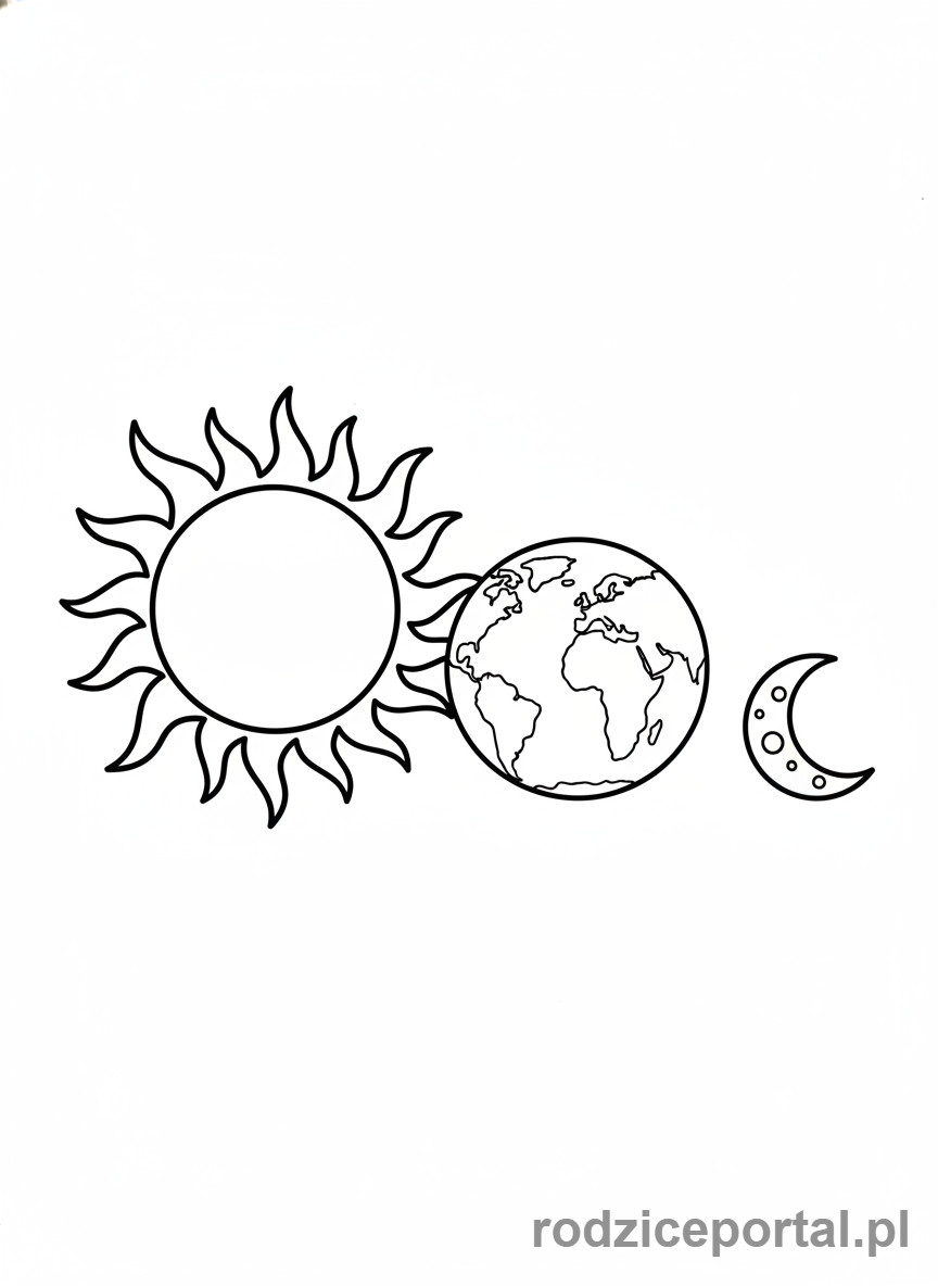 Kolorowanka Ziemia Planeta - Ziemia, Słońce i Księżyc