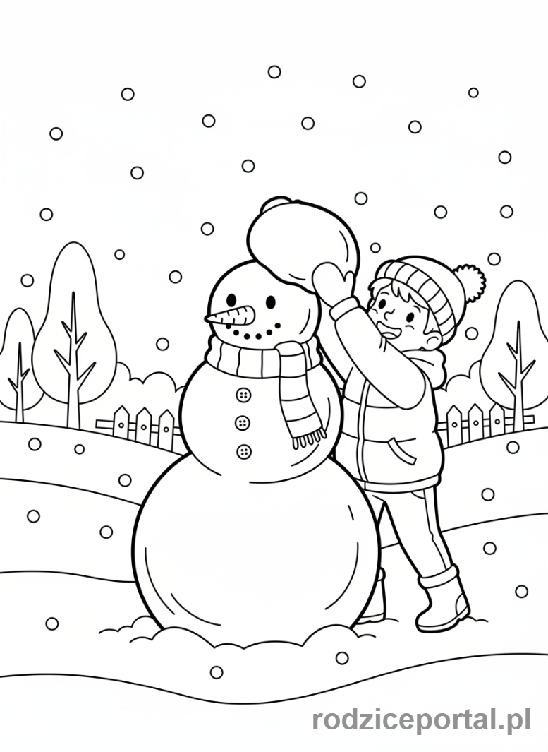 Kolorowanka Zima - Dziecko lepi bałwana