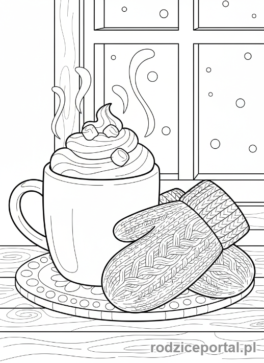 Kolorowanka Zima - Gorąca czekolada i rękawiczki