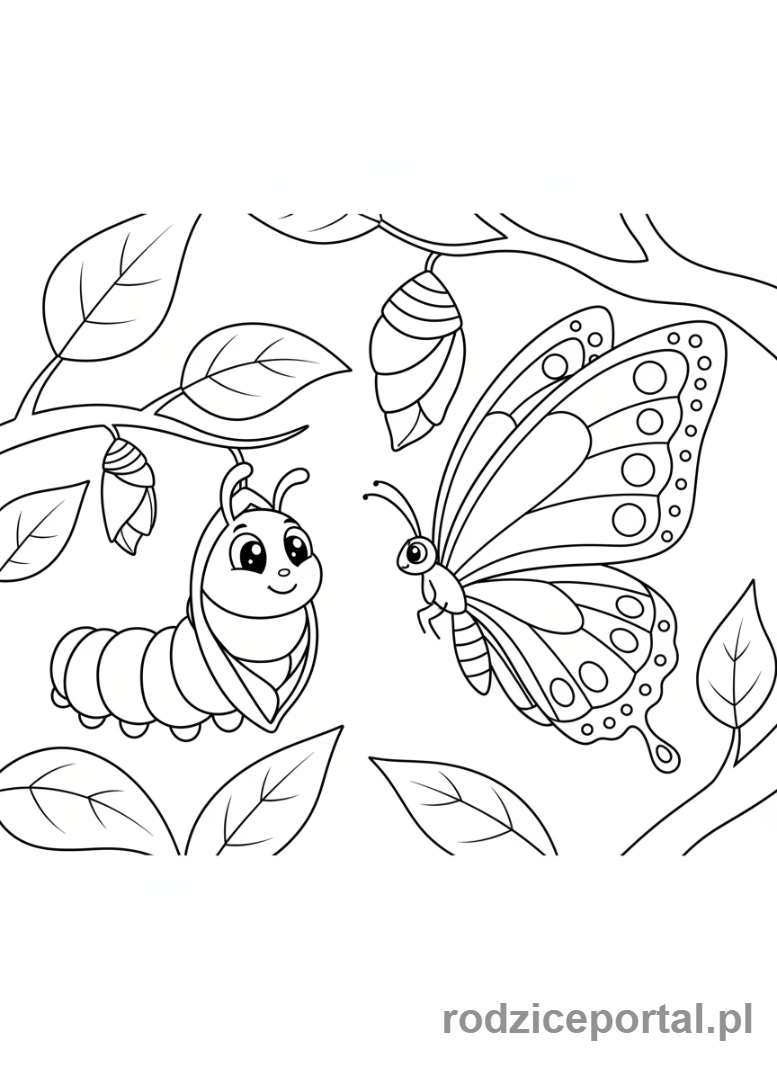 Kolorowanka Zmiany W Przyrodzie - Gąsienica zmieniająca się w motyla