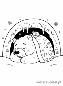 Kolorowanka Zmiany W Przyrodzie - Niedźwiedź w gawrze śpiący