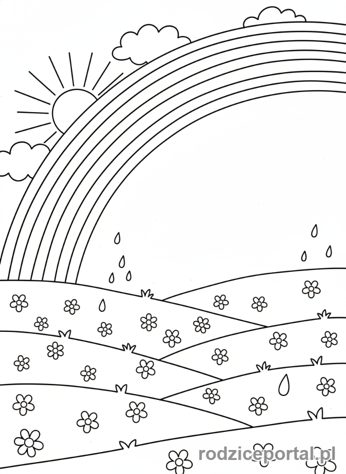 Kolorowanka Zmiany W Przyrodzie - Tęcza po deszczu nad łąką