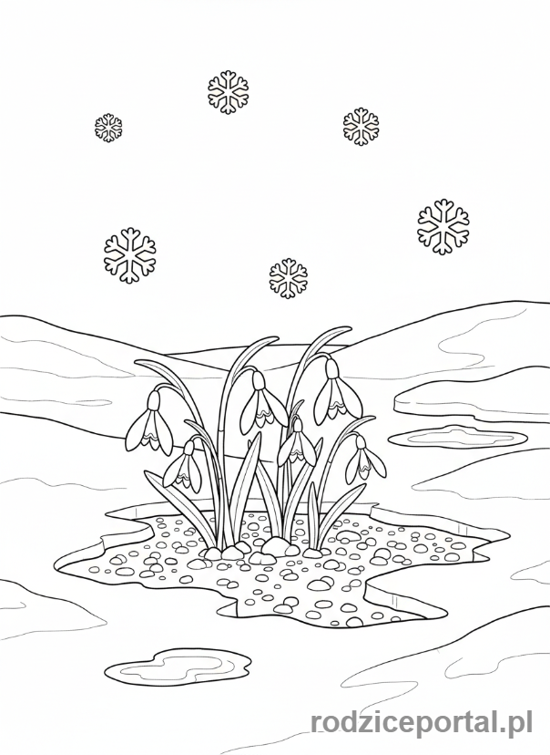 Kolorowanka Zmiany W Przyrodzie - Topniejący śnieg i przebiśniegi