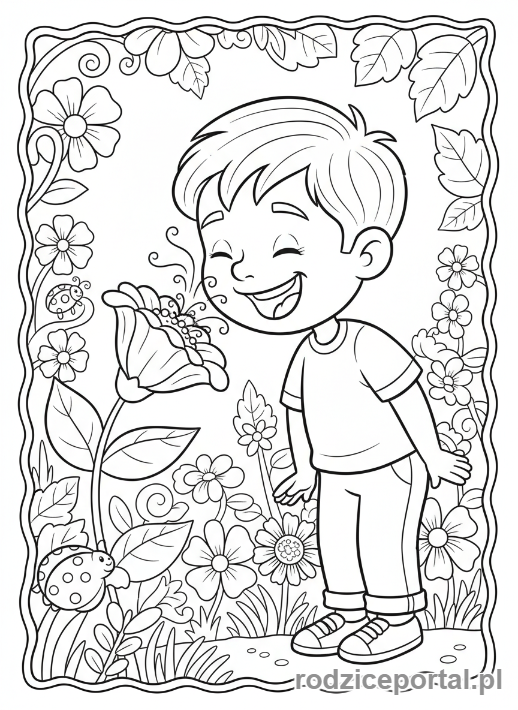 Kolorowanka Zmysły - Chłopiec wącha pachnący kwiat w ogrodzie