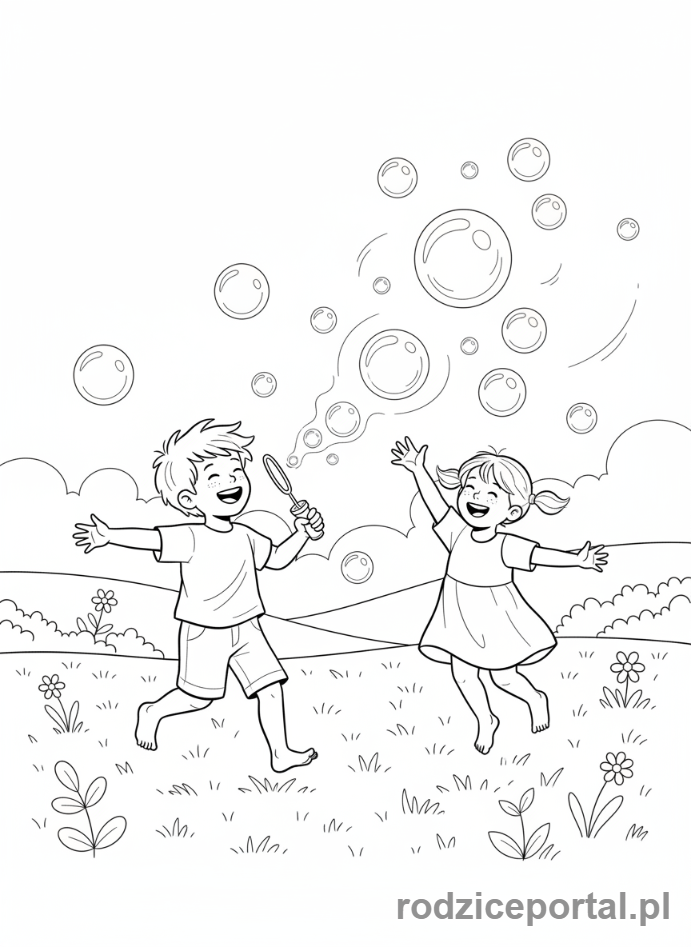 Kolorowanka Zmysły - Dzieci bawiące się bańkami mydlanymi