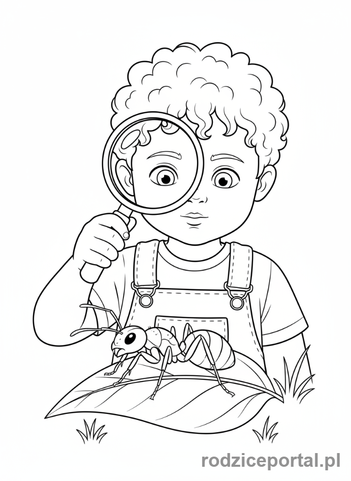 Kolorowanka Zmysły - Dziecko patrzy przez lupę na mrówkę