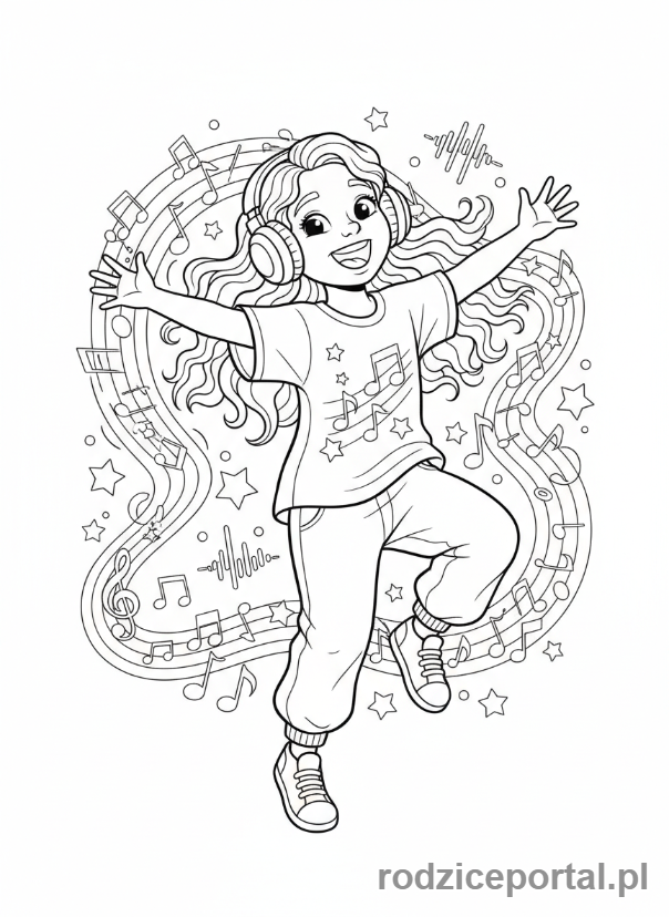 Kolorowanka Zmysły - Dziewczynka w słuchawkach tańczy do muzyki