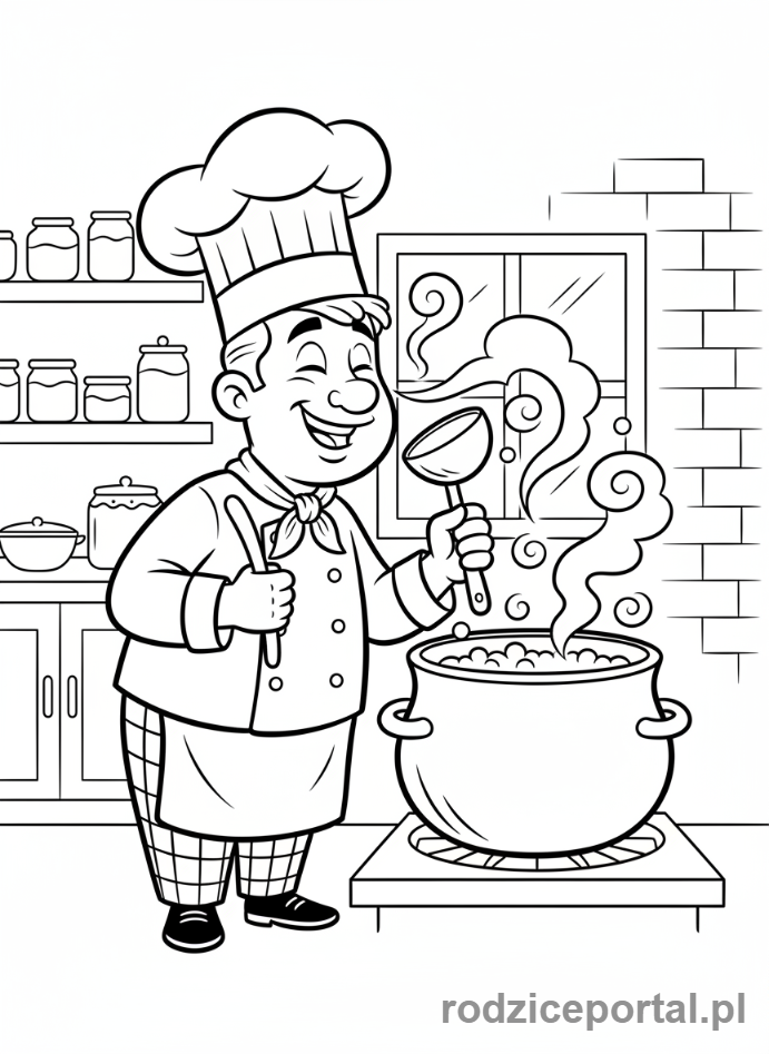 Kolorowanka Zmysły - Kucharz wącha zupę, którą gotuje