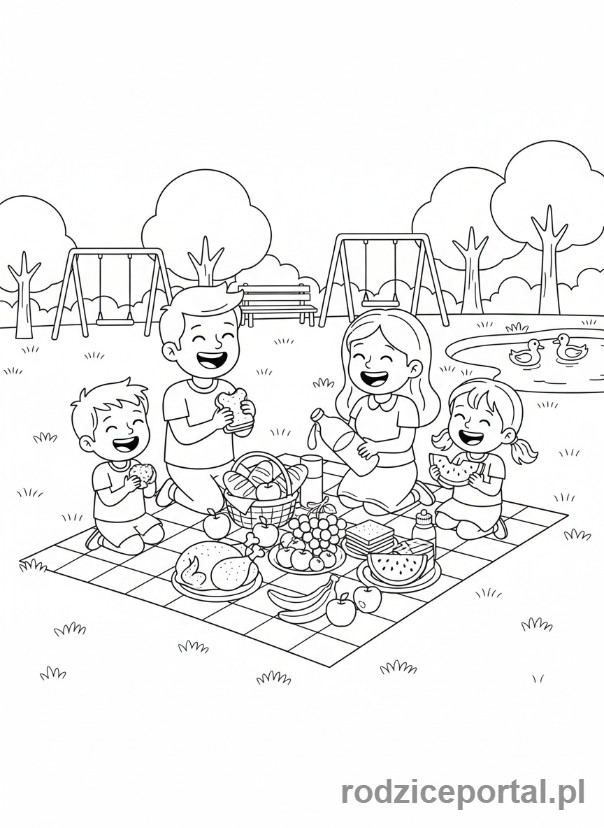 Kolorowanka Zmysły - Piknik w parku z różnorodnymi smakołykami