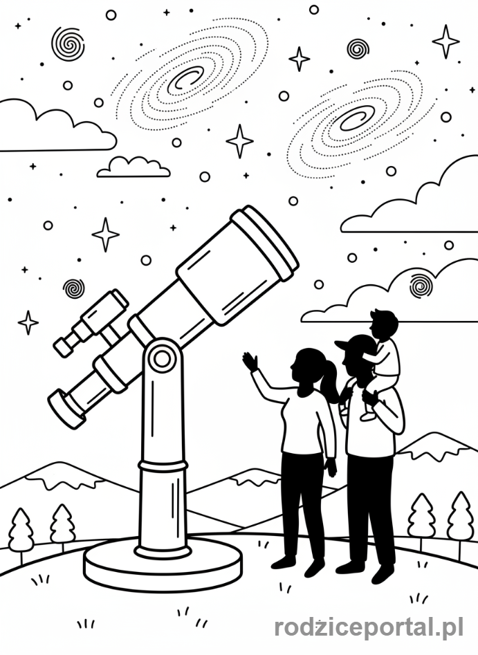 Kolorowanka Zmysły - Rodzina obserwuje gwiazdy przez teleskop