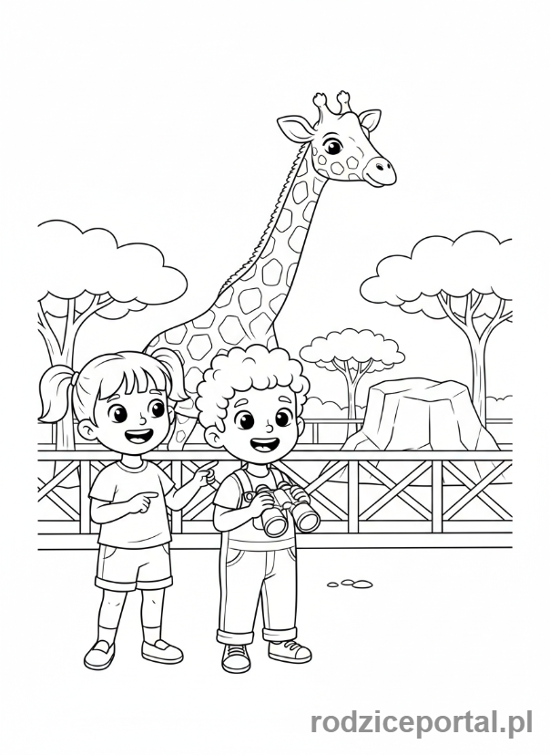 Kolorowanka Zoo Edukacyjne - Dzieci obserwują zwierzęta