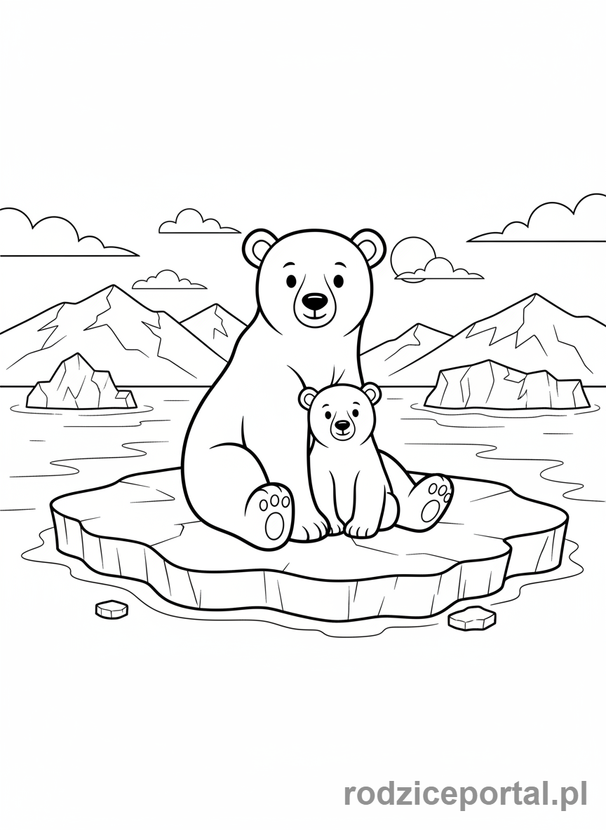 Kolorowanka Zwierzęta Chronione - Niedźwiedź Polarny z młodym