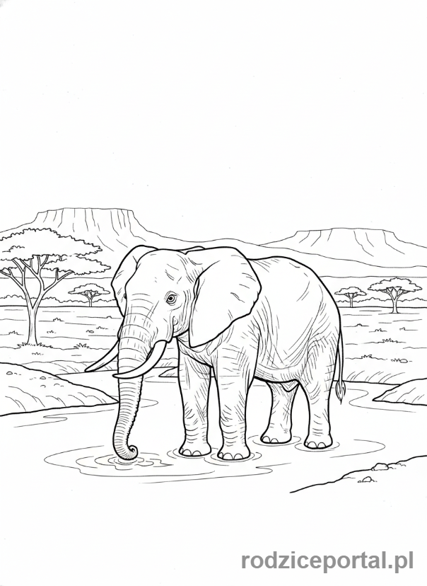 Kolorowanka Zwierzęta Chronione - Słoń Afrykański pije wodę