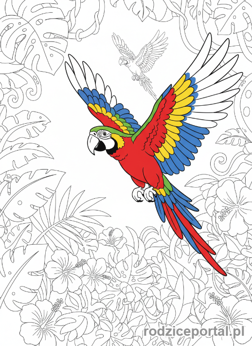 Kolorowanka Zwierzęta Egzotyczne - Papuga Ara latająca