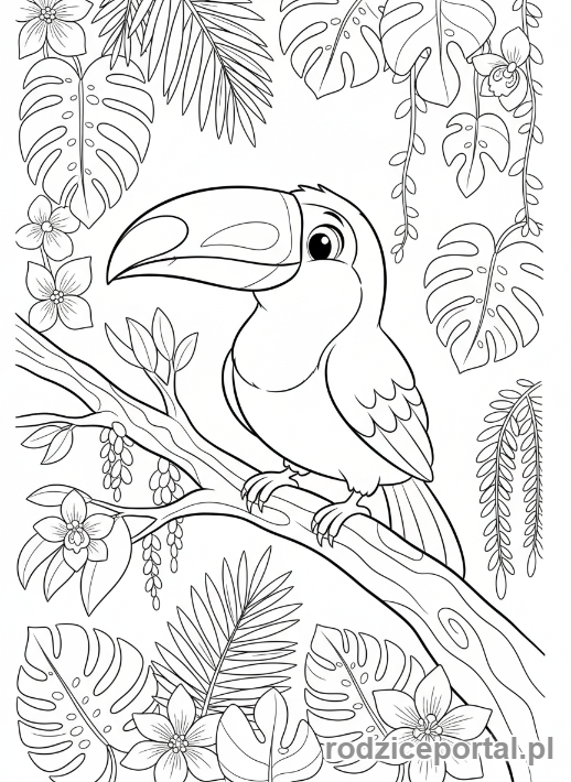 Kolorowanka Zwierzęta Egzotyczne - Tukan na gałęzi