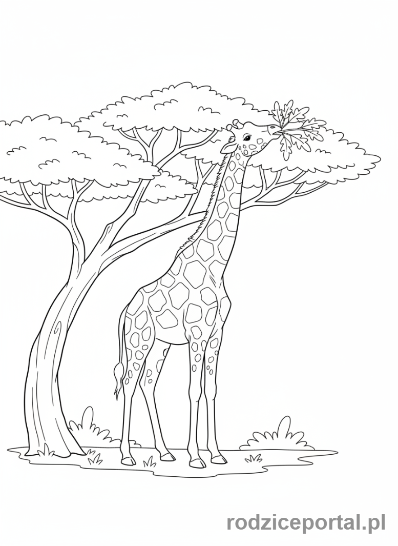 Kolorowanka Zwierzęta Egzotyczne - Żyrafa jedząca