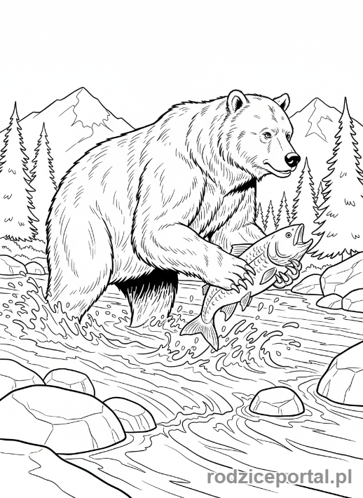 Kolorowanka Zwierzęta Świata - Niedźwiedź łowi ryby