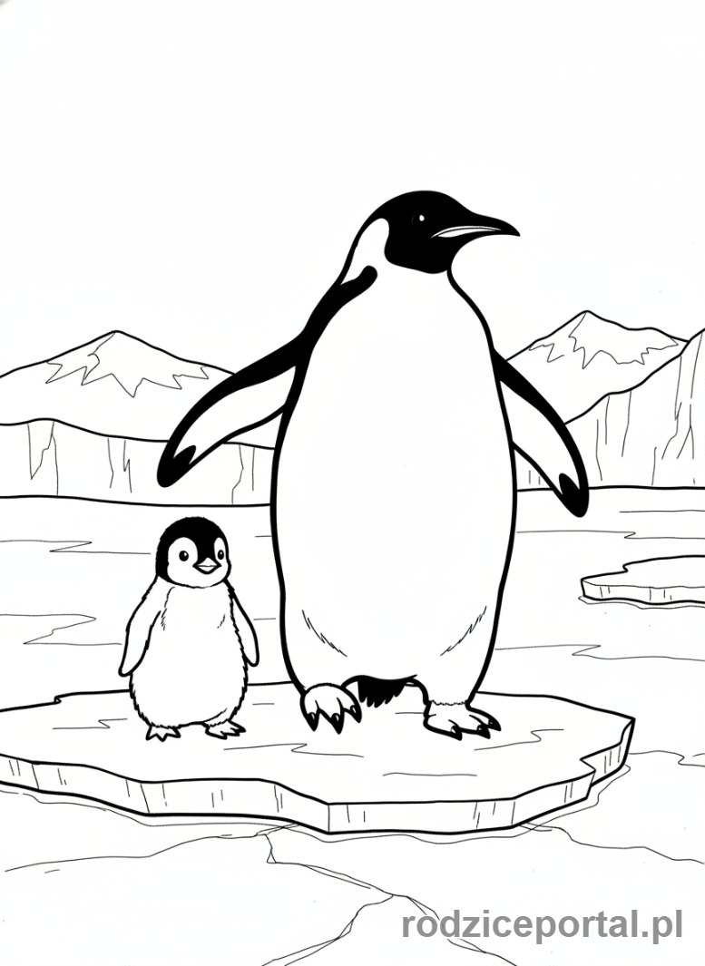 Kolorowanka Zwierzęta Świata - Pingwin z pisklęciem