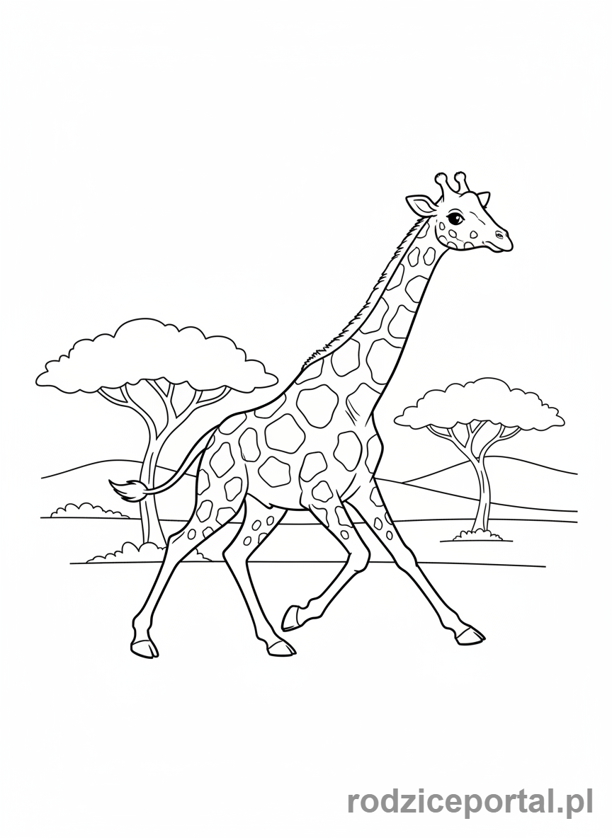 Kolorowanka Żyrafa - Żyrafa biegnąca po sawannie