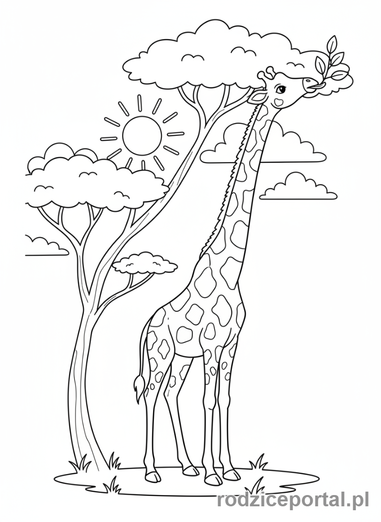 Kolorowanka Żyrafa - Żyrafa jedząca z drzewa