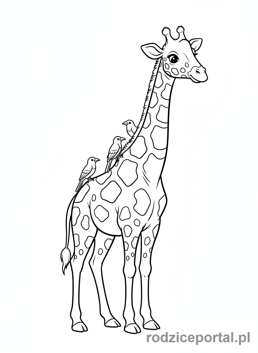 Kolorowanka Żyrafa - Żyrafa z ptakami na plecach